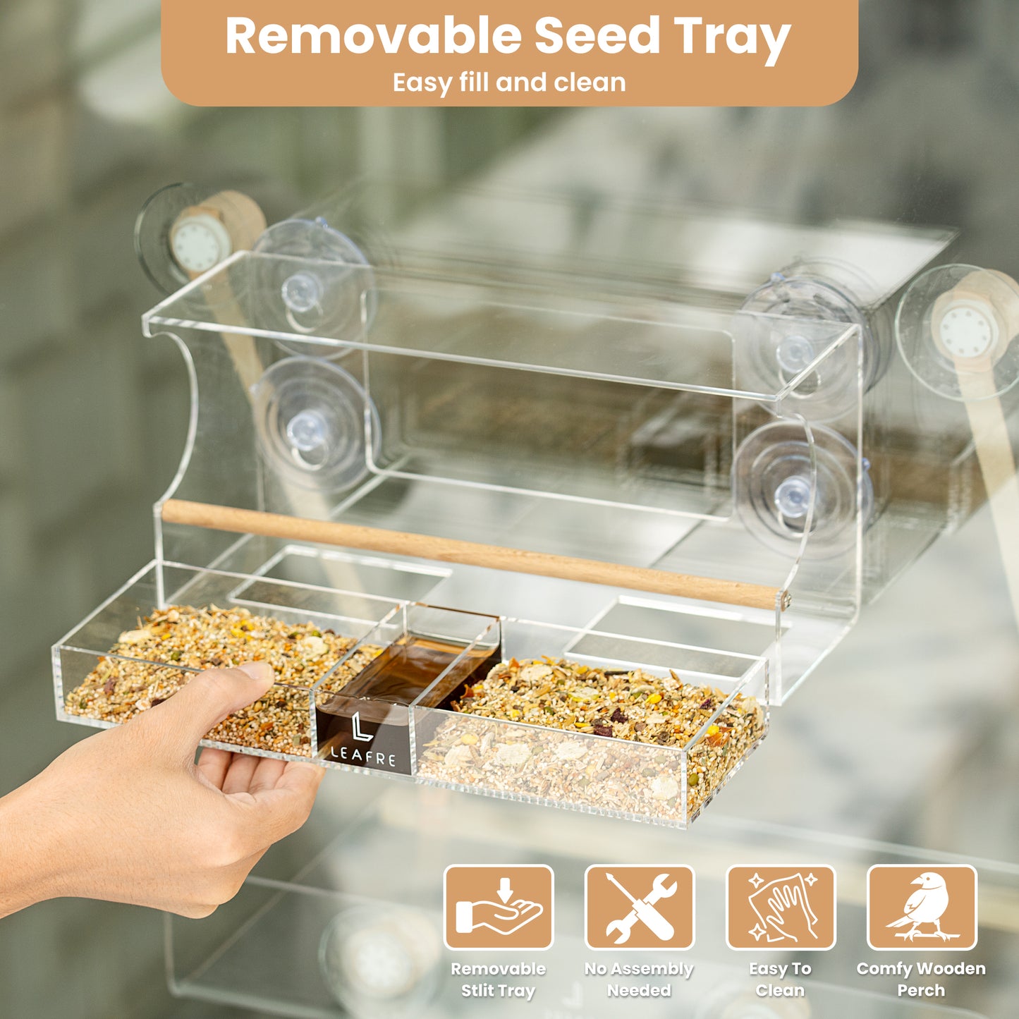 Clear Acrylic Window Bird Feeder - 3 in 1 Seeds, Nectar & Water | Removable Tray - Leafre