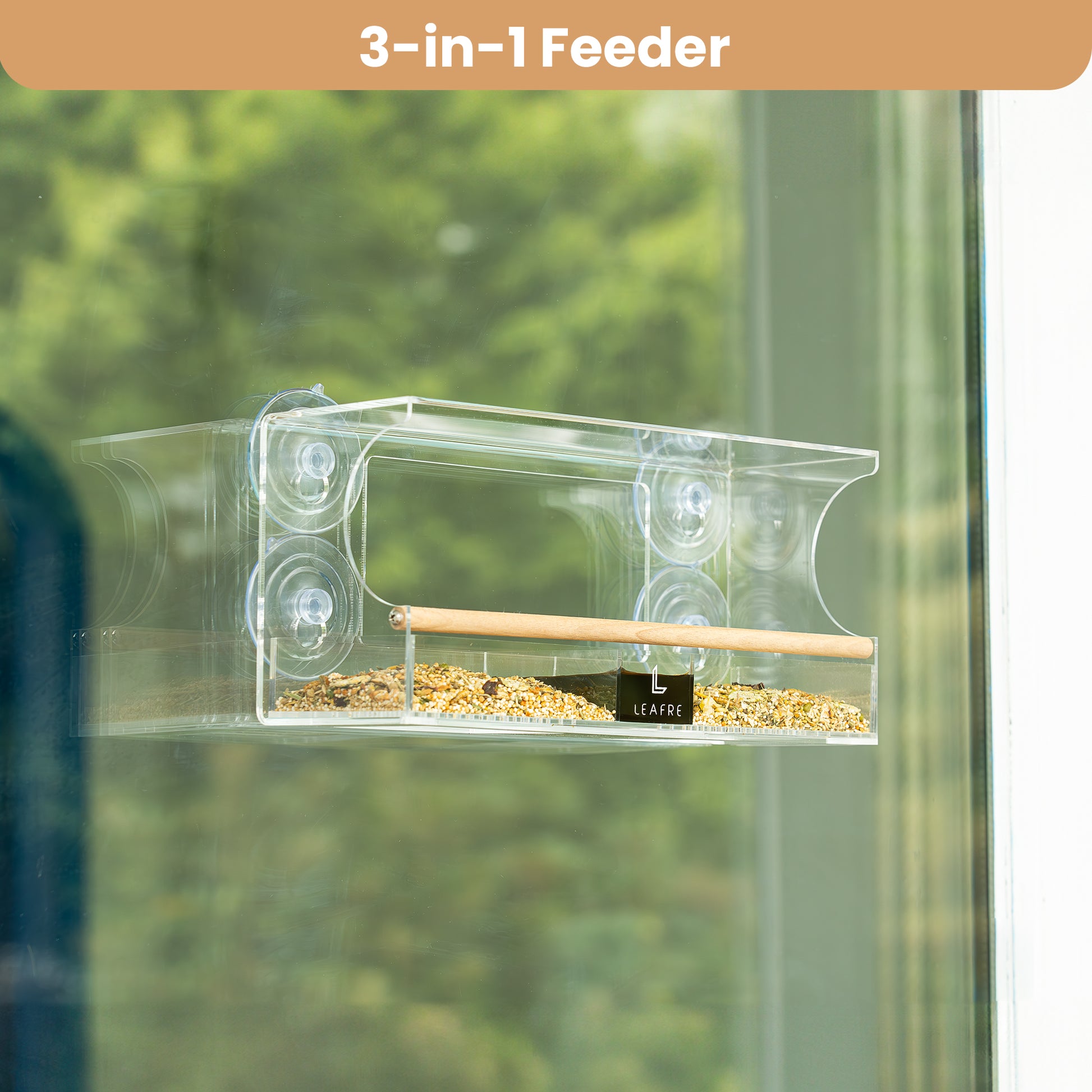 Clear Acrylic Window Bird Feeder - 3 in 1 Seeds, Nectar & Water | Removable Tray - Leafre