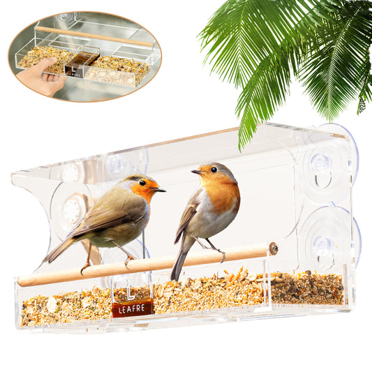 Clear Acrylic Window Bird Feeder - 3 in 1 Seeds, Nectar & Water | Removable Tray - Leafre